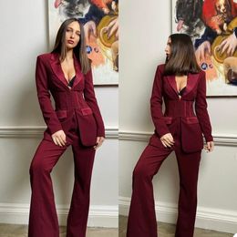 Fashion Burgundy Mother of the Bride Suits Slim Fit V Neck Office Lady Wide Pants Suit Prom Party Wedding (Jacket+Pants)