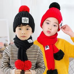 Kids Plush Warm Cap Scarf Set Autumn Winter Knited Woolen Children's Bib Suit Boys And Girls Star Pattern Hat Scarves Two Piece 2pc Sets