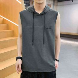 BROWON Summer Fashion Tank Top New Casual Pure Cotton Men Vest Clothes Solid Colour Hooded Sleeveless Embroidered Sport Tank Tops H1218