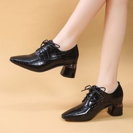 New Women Pointed Toe Dress Shoes Chunky High Heels Lace Up Bare Boots Embossing Patent Leather Office Lady Shoes White 9468N