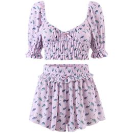 Purple Square Neck Flare Sleeve Blouse Women Crop Tops High Waist Floral Print Shorts Sweet Matching Sets Summer Girls Cute 210429