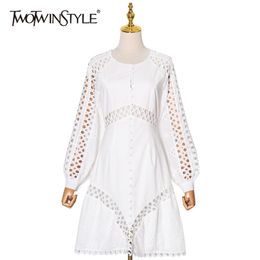 White Hollow Out Dress For Women ONeck Long Sleeve High Waist Sexy Dresses Female Fashion Clothing 210520