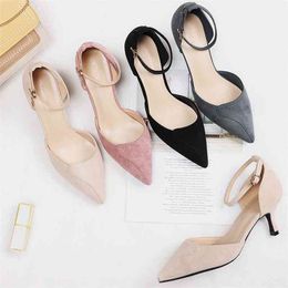 Shoes Women Heels Faux Ankle Strap Elegant Pointed Toe Sexy Thin High Heel 6cm Pumps Black Beige Pink Wedding Casual Shoes 210520