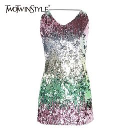Sexy Backless Dress For Women Halter Collar Sleeveless Patchwork Sequin Party Slim Dresses Female Summer Fashion 210520