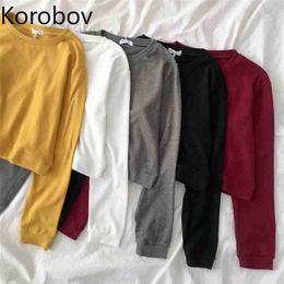 Korobov Streetwear Solid O Neck Long Sleeve Women Sweatshirts New Arrival Crop Top Harajuku Fashion Preppy Style Hoodies 210430