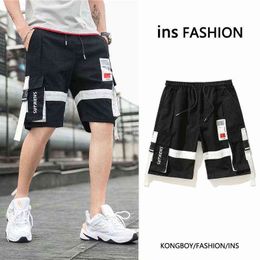 Mix Color Summer Shorts for Men Black White Cargo Pants Shorts Men Fashion Casual Stylish Pockets Ribbons Hip Hop Streetwear H1210