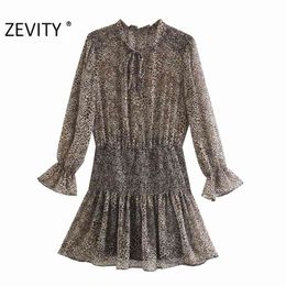 women vintage v neck leopard print elastic ruffles mini dress female long sleeve vestido chic casual slim dresses DS4482 210420