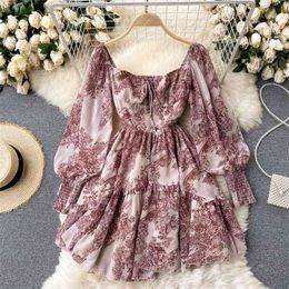 Spring Summer Women Dress Long Sleeve Lace-up Print Mini Slim A-line Casual Female Vintage Boho Beach Robe 210514