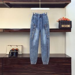 Autumn Fashion Women Elastic Waist Loose Vintage Blue Ripped Jeans Button Design Cotton Denim Harem Pants Plus Size M642 210512