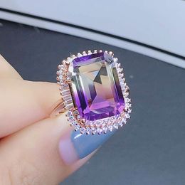 Luxury square purple crystal amethyst citrine gemstones diamonds rings for women rose gold tone jewelry bijoux bague party gifts