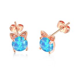 Cute Female White Blue Opal Round Jewellery Rose Gold Silver Colour Small Stud Earrings For Women Boho Crystal Cat Wedding