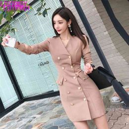 autumn and winter clothing Korean version of the temperament V-neck double-breasted Slim fashion bag hip dress 210416