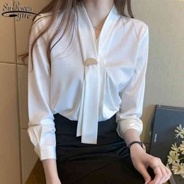 Blusas Autumn Long Sleeve Blouse Women Satin Blouses V-neck Pullover White Solid Button Casual Shirts 11054 210427