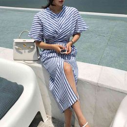 Blue Striped Tunic Straight Casual Dress Summer Beach Short Sleeve Office Ladies Midi Dress Elegant Loose Split Vestidos Mujer 210507