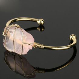 Natural Stone Bangle Gold-color Wire Wrap Irregular Crystal Quartz Cuff Bangles Bracelets Fashion Gemstone Jewelry Gift
