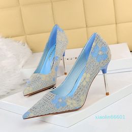 Fashion high heels for women's shoes heel with shallow mouth party pointed flowers single sequined cloth shoes