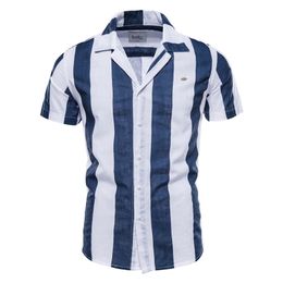 AIOPESON 100% Cotton Striped Linen Shirt Men Short-sleeved Fashion Suit Collar Beach for Summer s 210721