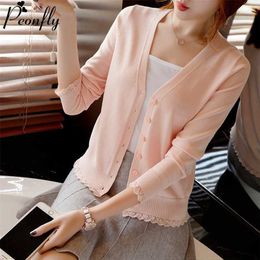 PEONFLY Elegant Ruffle Knitted Cardigan Women Coat Solid Spring Fashion V Neck Long Sleeve Sweater Tops Femme Red Pink 211011