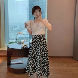 Women Sets Summer Fashion Female Casual Chiffon Midi Skirt + Short Sleeve Lace Shirt Pullover Tops Blouse Two Pieces Suits 210423