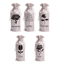 Christmas Party Red Wine Gift Bags Pouch Flower Printing Reusable Champagne Bottle Covers Bag with Drawstring