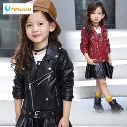 girls coat children's pu jacket kid outwear solid Colour Zipper belt long sleeve Casual Girls motorcycle spring 2 211204