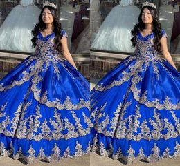 2021 Amazing Royal Blue Embroidered Quinceanera Evening Dresses Beading Appliques V-neck Short Sleeves Satin Ball Gown Sweet 16 Dress Girls Womens Plus Size