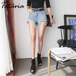 Tataria Women Worn Loose Burr Hole Jeans Shorts High Waist Black Ripped Denim Summer Casual Wide-leg Harem 210514