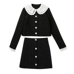 Spring Autumn Tweed Jacket Outwear Mini Skirt Two Pieces Set Women Button Chic Elegant Peter Pan Collar Lace T0464 210514