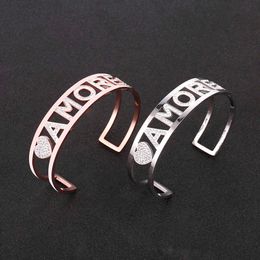 White Rhinestone Amore Letters Bangles for Women Stainless Steel Open Cuff Bracelets Jewelry for Hand 2020 New Q0717