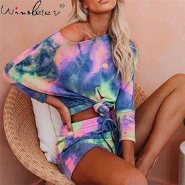 Casual Pyjama Set Ladies Cotton Long Sleeve Sleepwear Womens Pyjama Nightwear Simply Tie-dyed Top & Shorts Pijama Mujer P05909B 210421