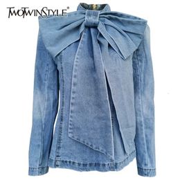 TWOTYLE Patchwork Bow Denim Women's Jacket Stand Collar Long Sleeve Vintage Ruched Jackets For Female Fashion Clothing 211014