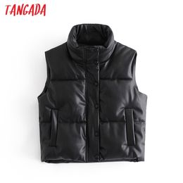 Women Black Faux Leather Sleeveless Waistcoat Parkas Thick Winter Zipper Pockets Female Warm Elegant Coat QN68 210416