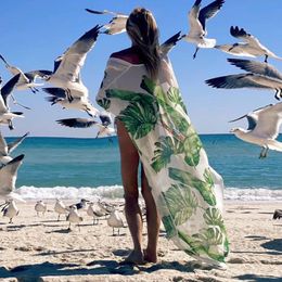 Boho Leaves Print Chiffon Bathing Suit Cover-ups Plus Size Beach Wear Long Kimono Dress Women Summer Swimsuit Cover Up A791 210420