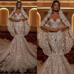 Luxury Lace Applique Mermaid Bröllopsklänningar 2022 Sweetheart Illusion Zipper Back Sweep Train Bride Dress Vestido de Noiva CG001