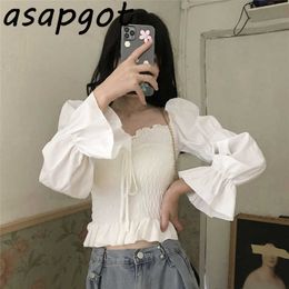 Shirts & Blouses Slim High Waist Chic White Pleated Short Tops Korean Square Neck Flare Sleeve Blouse Women Fashion Clothing 210610