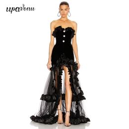Free Women's Celebrity Club Runway Party Dress Vestidos Strapless Sleeveless Mesh Ruffled Bandage Midi Dresses 210524