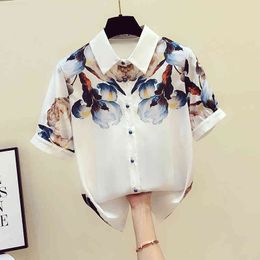 Summer Elegant Women's Turn Down Collar Short Sleeves Floral Print Shirts Girls Ladies Shirt Blouse Tops A3521 210428