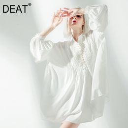 DEAT New Spring And Summer Fashion Casual Half High Collar Long Sleeve Loose Solid Colour Patchwork Dress Women SJ932 210428