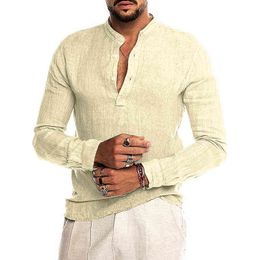 Men's Fashion Cotton Linen Front Placket Shirt Long Sleeve Summer Pullover Henley Shirts G1222