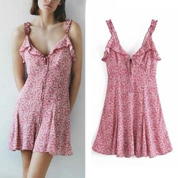 Za Floral Print Ruffle Summer Dress Women Sleeveless Straps Vintage Mini Dresses Woman Chic Front Tie Pink Beach Dress 210602