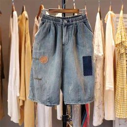 Arrival Summer Women Loose Casual Elastic Waist Patchwork Straight Pants All-matched Cotton Denim Embroidery Jeans W147 210512