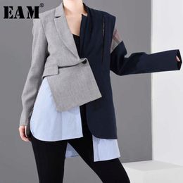 [EAM] Women Blue Plaid Asymmetrical Big Size Blazer Lapel Long Sleeve Loose Fit Jacket Fashion Spring Autumn 1N90102 210930