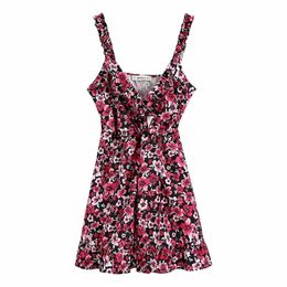 Women Chic Fashion Floral Print Ruffled Mini Dress Vintage V Neck Sleeveless Straps Dresses Girls Vestidos 210531