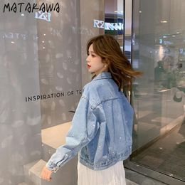 MATAKAWA Gestickte Blume Denim Jacke Frauen Frühling Mode Revers Jean Jacke Kurze Top Koreanische Mäntel Frauen 210513