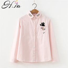 HSA Cartoon Blouses Women Shirts CAT Tops Casual Cotton Long Sleeve Blue Office Lady Blusas Loose Outwear Spring 210430