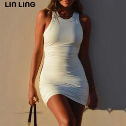 LINLING Cotton Bodycon Dress Women Sleeveless Summer Dress O Neck Party Mini Sexy Dresses Female Evening Clubwear Dress Clothes Y1006