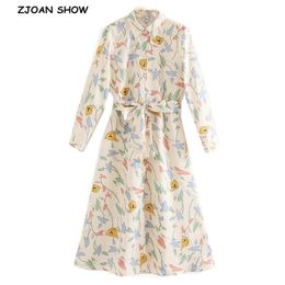 Vintage Lapel Beige Leaves print Dress Woman Bow tied Sashes Front Slit Maxi Long Shirt Dresses Femme Casual Vestido 210429