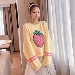 Sweet Strawberry Knitted Pullovers Women O Neck Long Sleeve Elastic Knitwear Sweater Winter College Style Korean Jumper 210419