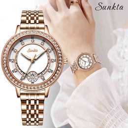 Zegarek Damski SUNTKA Luxury Women Watches Diamond Stainless Steel Bracelet Watch Women Fashion Waterproof Quartz Watch Gift+Box 210517