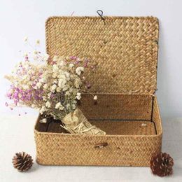Storage Baskets Handmade Seagrass Woven Box Seaweed Finishing Basket With Lid Sundry Bath Cosmetic Towel Container Baske